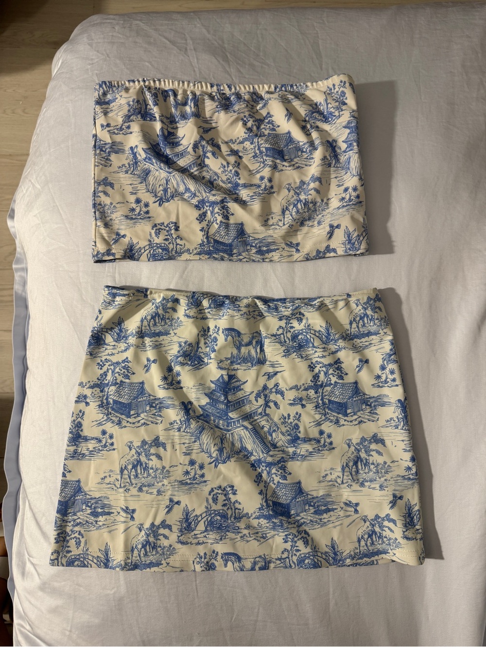 Edikted Blue and Cream Toile Mini Skirt Set Size S